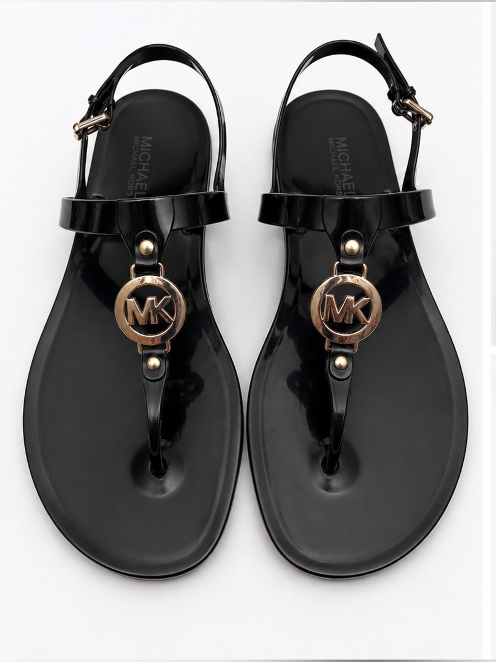 Michael Kors Black Glossy Jelly Thong Sandals with Gold MK Medallion
